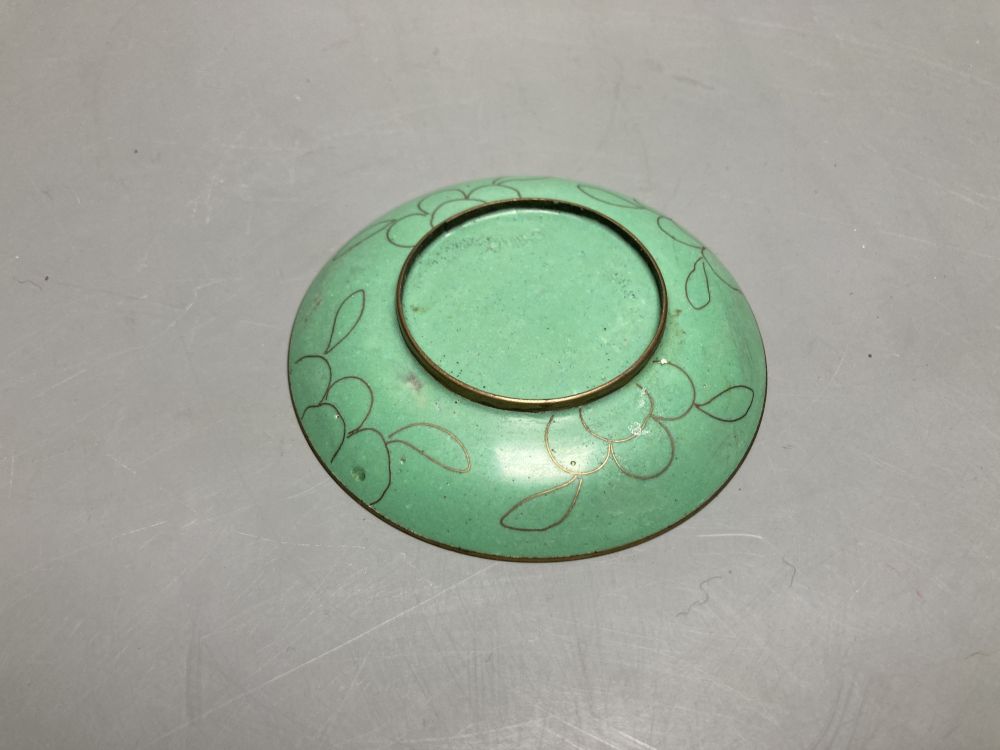 A Chinese cinnabar lacquer box, a carved ivory Chinese brush pot, 14cm and a cloisonne dish